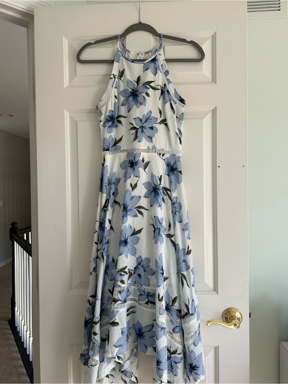 Lulu's White Halter High-Low Dress with Blue Floral Print